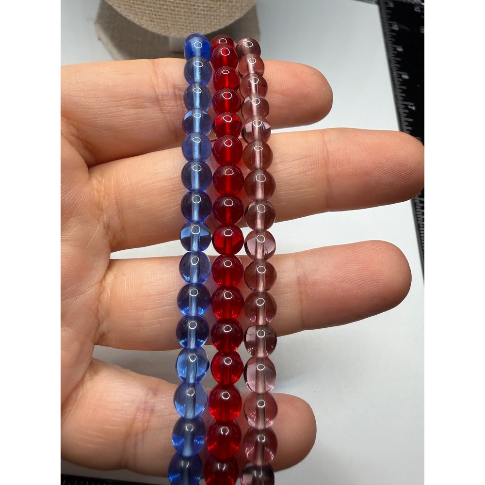 Set of 3 Vintage Glass Bead Bracelets Blue Red Pink Translucent 7 Inch Stackable